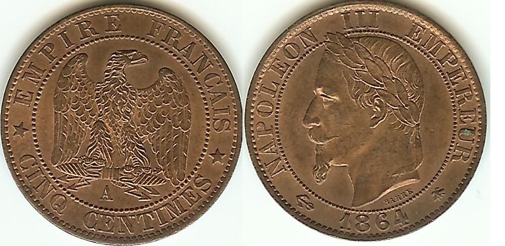 Cinq centimes Napoléon III, tête laurée 1864 Paris FDC-